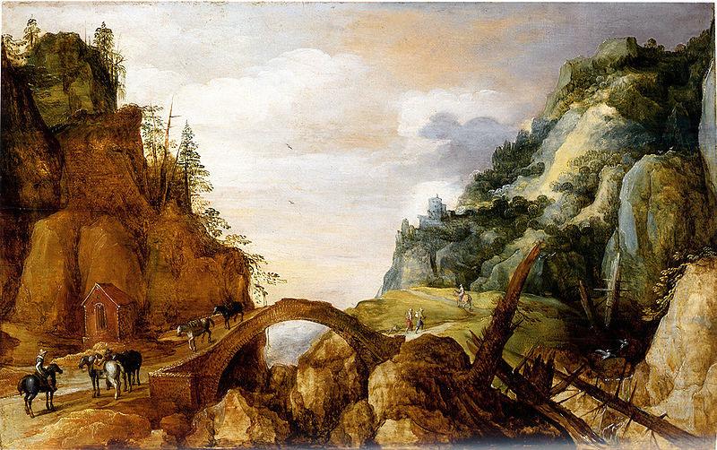 mountainous landscape with horsemen and travellers crossing a bridge., Joos de Momper